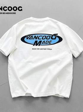 VANCOOG26夏季潮牌350克宽松美式白色印花纯棉圆领情侣短袖T恤男