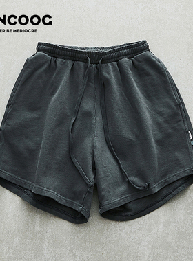 VANCOOG夏季潮重磅450克宽松炒盐复古水洗五分休闲纯色哈伦短裤男