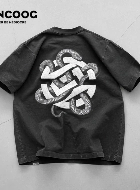VANCOOG夏季美式潮牌宽松重磅做旧纯棉黑曼巴蛇印花圆领短袖T恤男