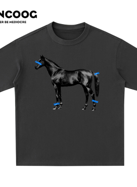 VANCOOG美式潮牌数码直喷horse马印花宽松百搭落肩情侣短袖T恤男
