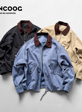 凡购春季美式潮牌重磅做旧翻领外套短款纯棉复古工装底特律夹克男