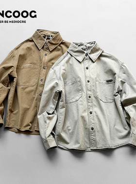 凡购春季美式潮牌水洗衬衣复古宽松百搭长袖纯色多口袋工装衬衫男