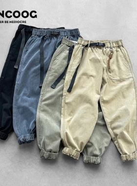 VANCOOG春装百搭宽松水洗工装裤多口袋收脚哈伦小脚大码休闲裤男