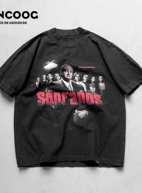 VANCOOG美潮纯棉重磅宽松The Sopranos主题印花复古破洞短袖T恤男