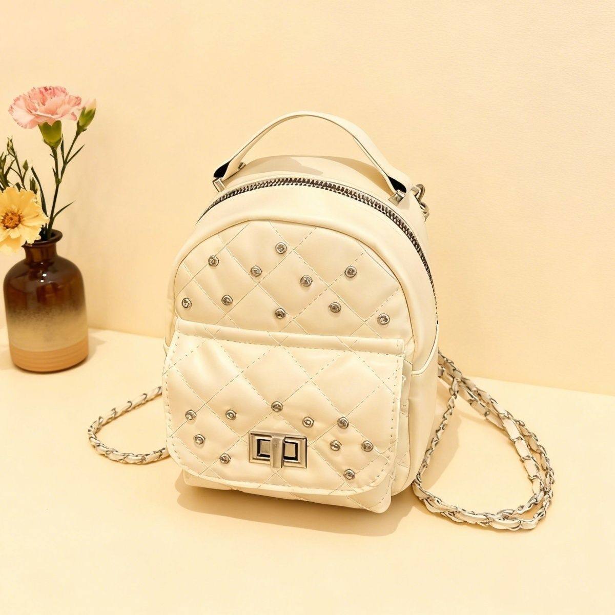 韩系小香风双肩小背包女2025新款菱格百搭链条潮流镶钻学生小背包