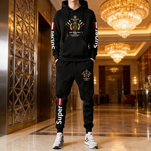 传奇保罗男士卫衣套装加绒长袖长裤两件套休闲保暖防风运动装