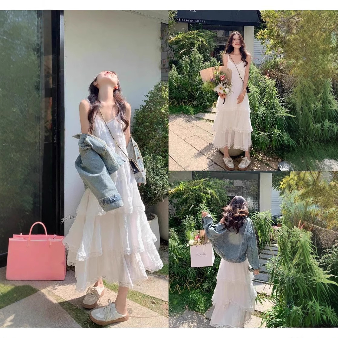 明媚少女白色v领吊带连衣裙法式绝美小裙子长款蛋糕裙2025春夏季