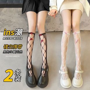 薄款 黑色袜子女中筒袜jk丝袜绑带小腿袜镂空网红长筒白色夏季 ins