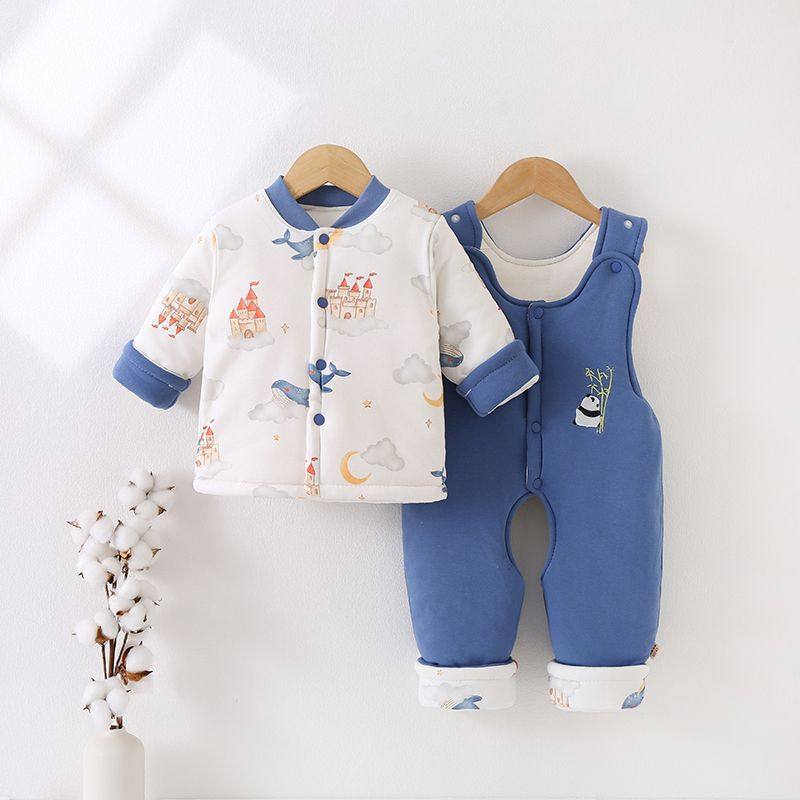 2周岁女孩衣服冬季手工棉花棉衣婴幼儿开裆背带裤两件套加厚保暖1