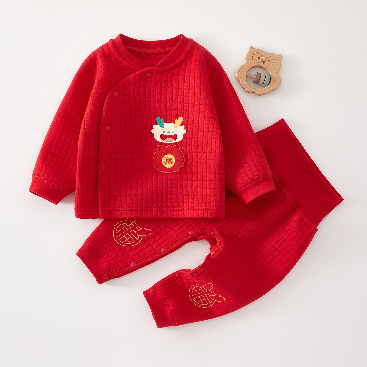 婴儿衣服红色生日儿童秋装内衣套装宝宝秋衣A类秋季薄棉保暖过年