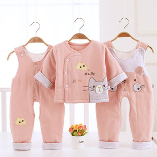 八个月女宝宝衣服冬装150g夹棉婴儿秋冬三件套薄棉背带套装棉衣10