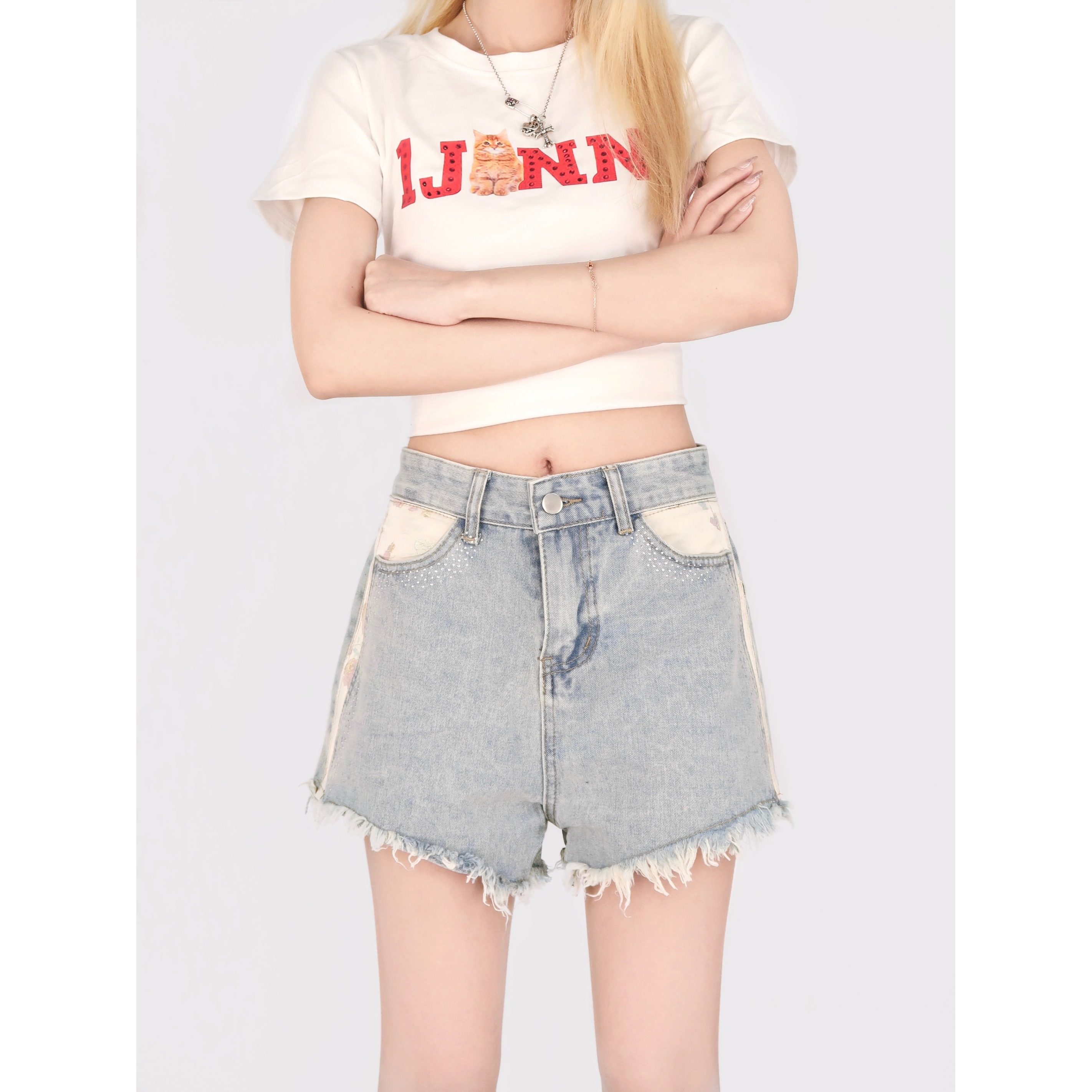 现货秒发！！！毛边牛仔短裤女夏季新款夏季高腰烫钻a字阔腿热裤