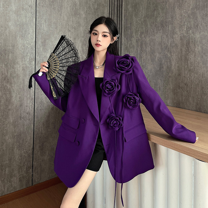 现货现货~ 紫色立体花朵重工西装外套女小众设计高级感垫肩西服