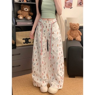 垂感宽松阔腿裤 薄款 女夏季 现货多巴胺满印小熊印花抽绳休闲弯刀裤