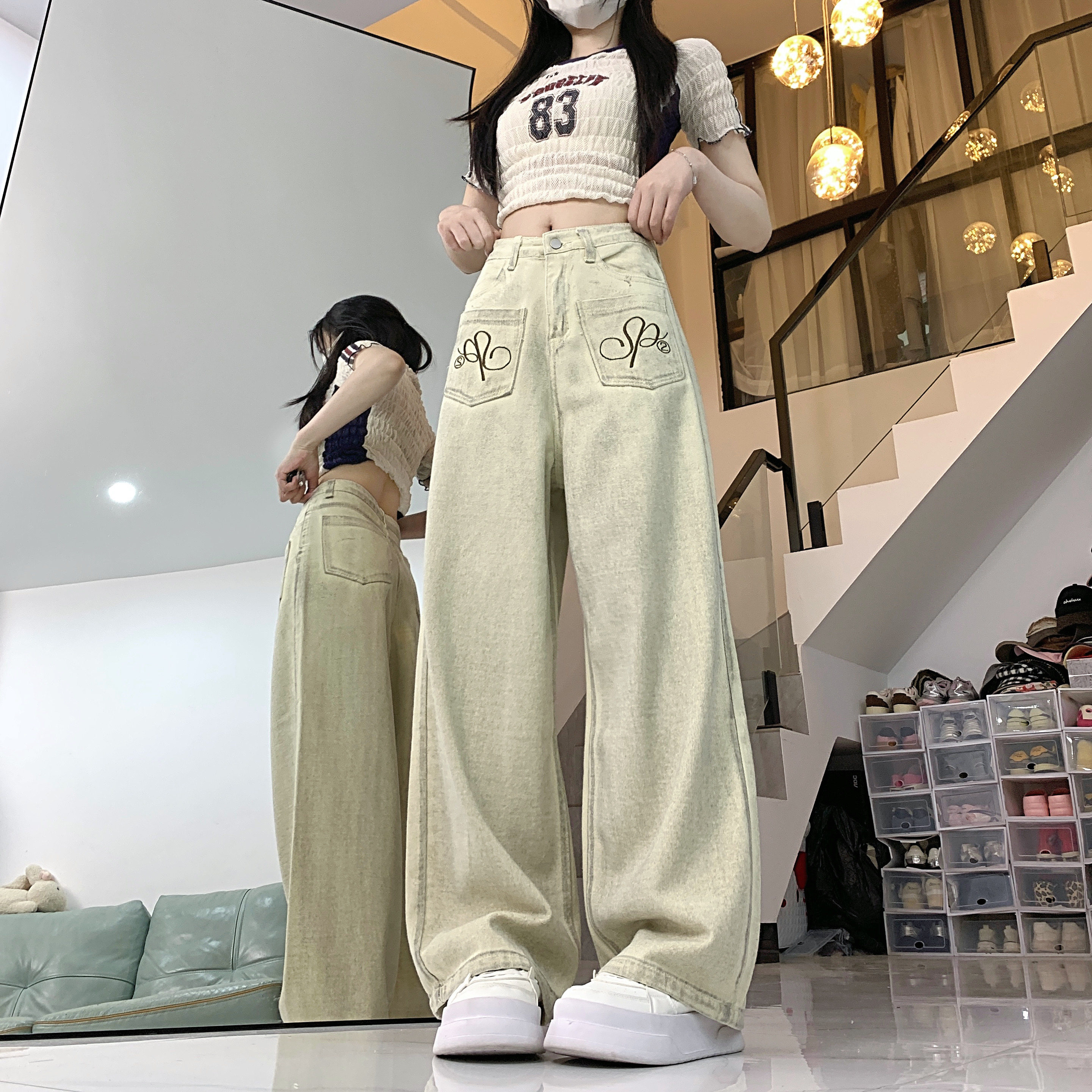 现货美式复古反穿做旧刺绣牛仔裤女春夏设计感宽松阔腿直筒休闲裤