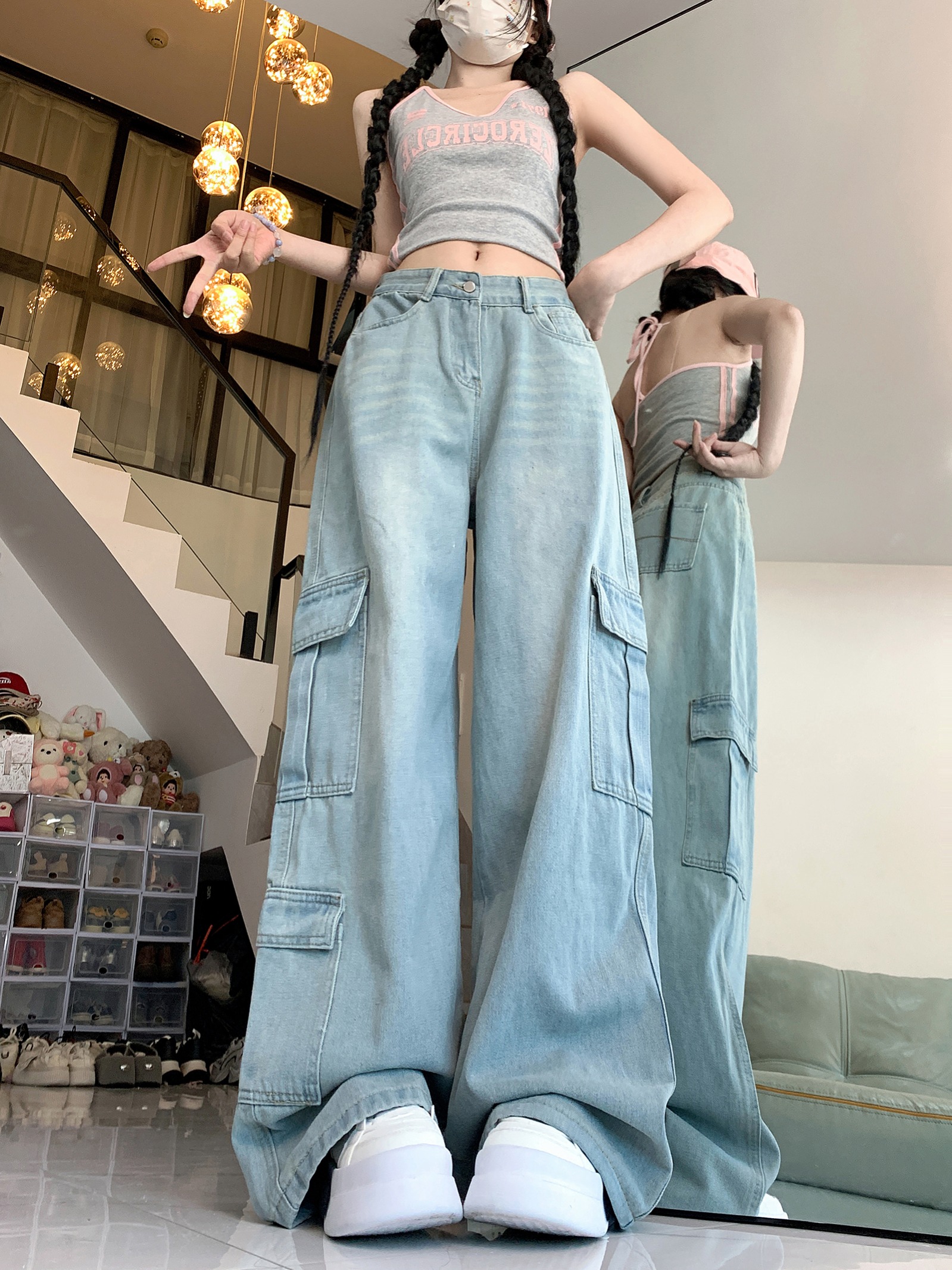 现货，现货！！美式复古街头风垂感宽松多口袋牛仔裤工装直筒裤子