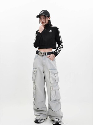 orderstage美式多口袋阔腿裤高腰炸街工装辣妹牛仔裤女小个子裤潮