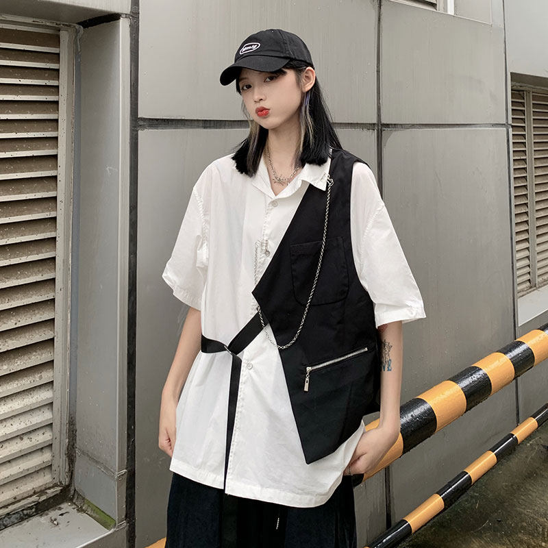 现货秒发~ 薄款衬衫男女款2021夏季新款情侣拼接马甲设计衬衣潮