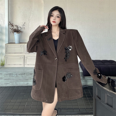 现货，现货手工钉珠麂皮复古西装春秋季新款宽松外套女8019