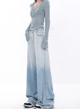 KEN STUDIO春夏新款渐变蓝色直筒牛仔裤女复古毛边设计阔腿裤裤子