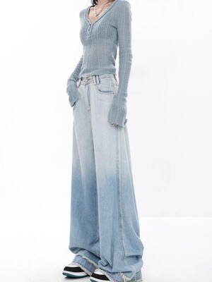 KEN STUDIO春夏新款渐变蓝色直筒牛仔裤女复古毛边设计阔腿裤裤子