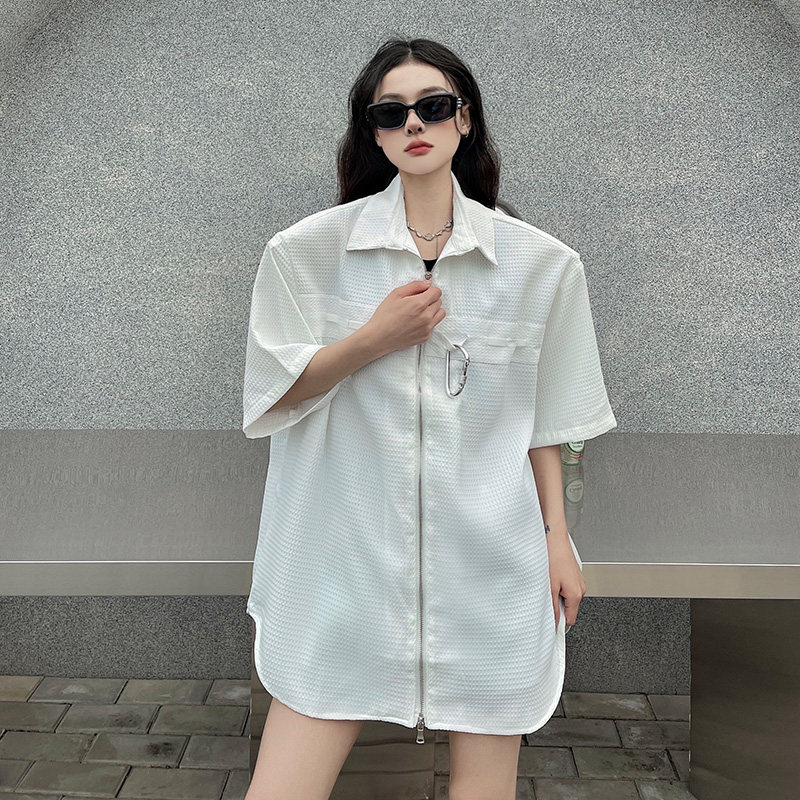 现货秒发~ 华夫格设计感拉链衬衫女韩版高级小众金属扣短袖衬衣潮