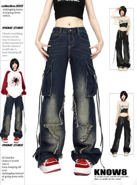 KNOW8美式复古多口袋星星做旧毛边牛仔裤小众设计水洗休闲裤阔腿