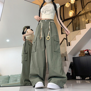 复古腰绳挂坠大口袋工装 阔腿休闲拖地裤 裤 女夏季 2025新款 现货美式