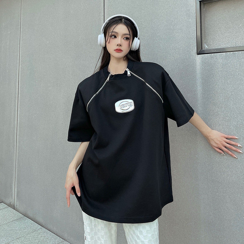 现货秒发~小众金属设计感短袖t恤情侣款拉链拼接圆领半袖上衣潮