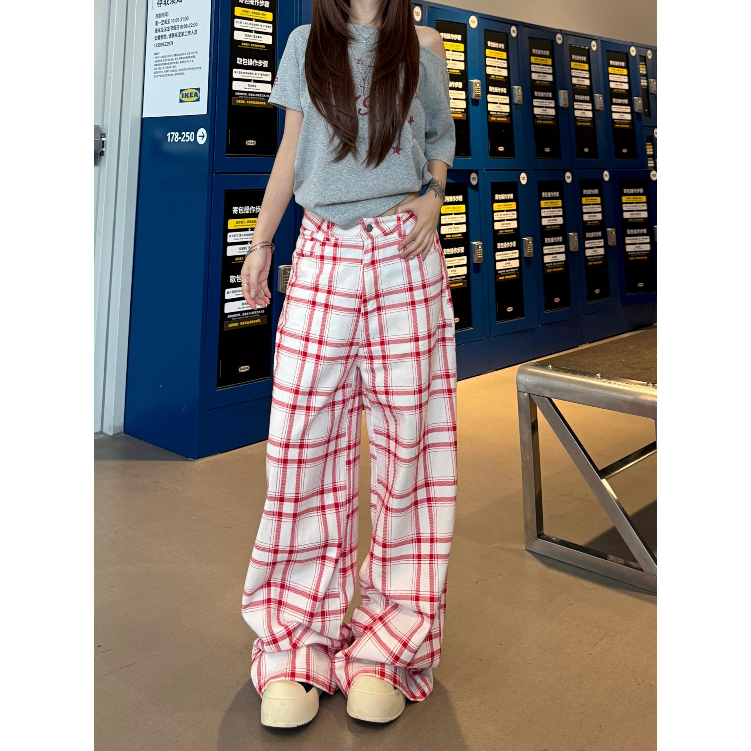 现货现货复古红白格纹牛仔休闲裤女早秋设计感高腰宽松显瘦拖地裤