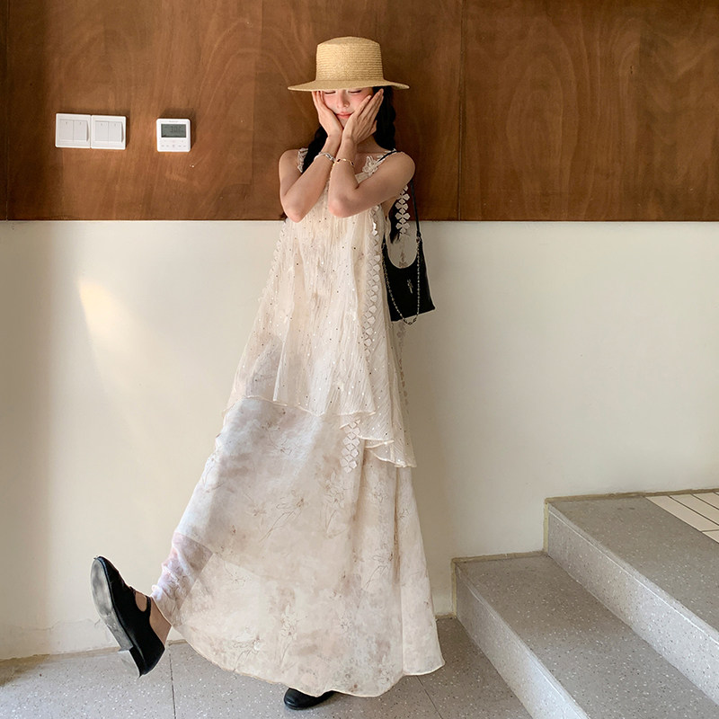 甜美少女风超仙吊带连衣裙女夏2025新款小香风独特超好看米色长裙,女装连衣裙,浙宝211