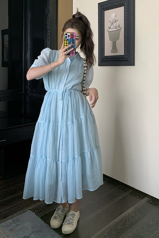 法式浪漫蓝色衬衫裙女夏季2025新款时尚高级感今年流行收腰连衣裙,女装连衣裙,浙宝211