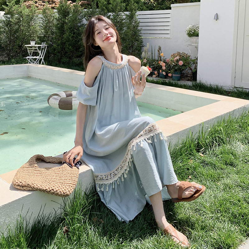 蓝色海边度假风露肩挂脖连衣裙女2025夏季新款气质超好看流苏裙子,女装连衣裙,浙宝211