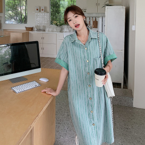 绿色竖条纹牛仔连衣裙女夏2024新款美式港风复古衬衫裙显瘦洋气图片