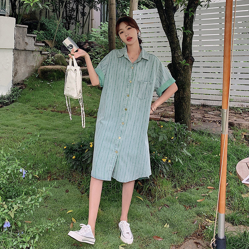 绿色竖条纹牛仔连衣裙女夏2024新款美式港风复古衬衫裙显瘦洋气,女装连衣裙,浙宝211