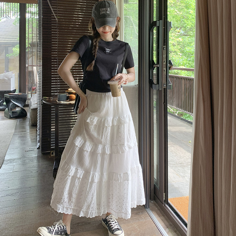 白色半身裙女夏季小个子松紧腰中长款木耳边裙子仙女超仙森系长裙,女装半身裙,浙宝211
