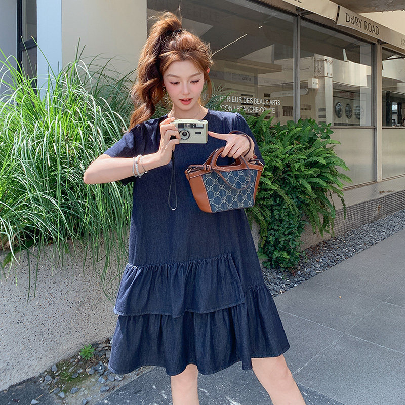 深蓝色牛仔连衣裙女2025夏季新款韩系超好看独特漂亮小个子娃娃裙,女装连衣裙,浙宝211