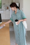 绿色条纹牛仔连衣裙女夏季2025新款港风复古chic宽松显瘦衬衫裙子，女装连衣裙，浙宝211