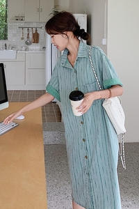 绿色条纹牛仔连衣裙女夏季2025新款港风复古chic宽松显瘦衬衫裙子图片