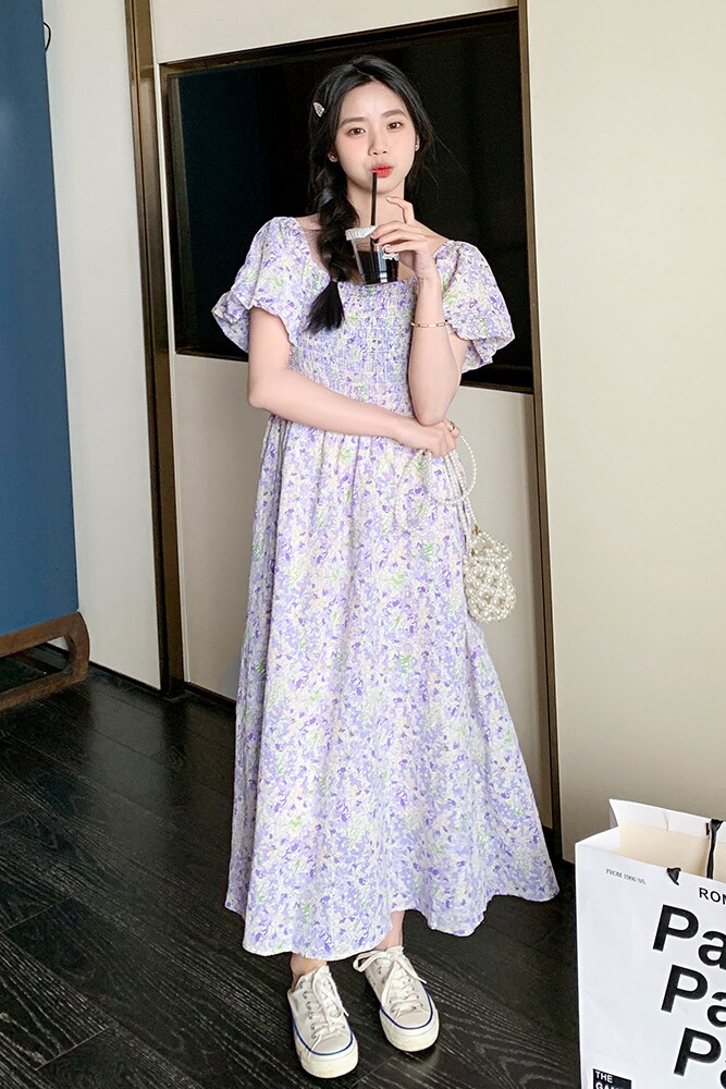 紫色一字领露肩碎花连衣裙女2023夏季新款法式今年流行别致收腰裙,女装连衣裙,浙宝211