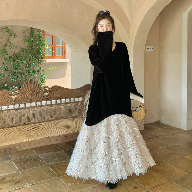 2026现货亮片拼接丝绒连衣裙211-1825P135控198，女装连衣裙，浙宝211