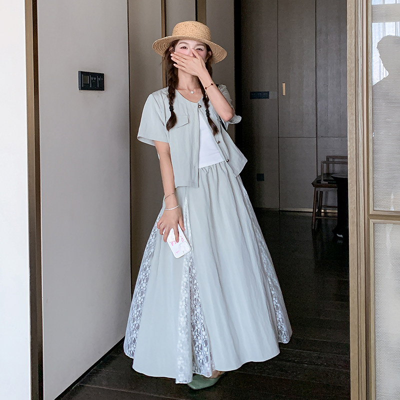 设计感蕾丝拼接半身长裙子套装女夏2025新款小个子独特漂亮两件套,女装套装/套裙,浙宝211