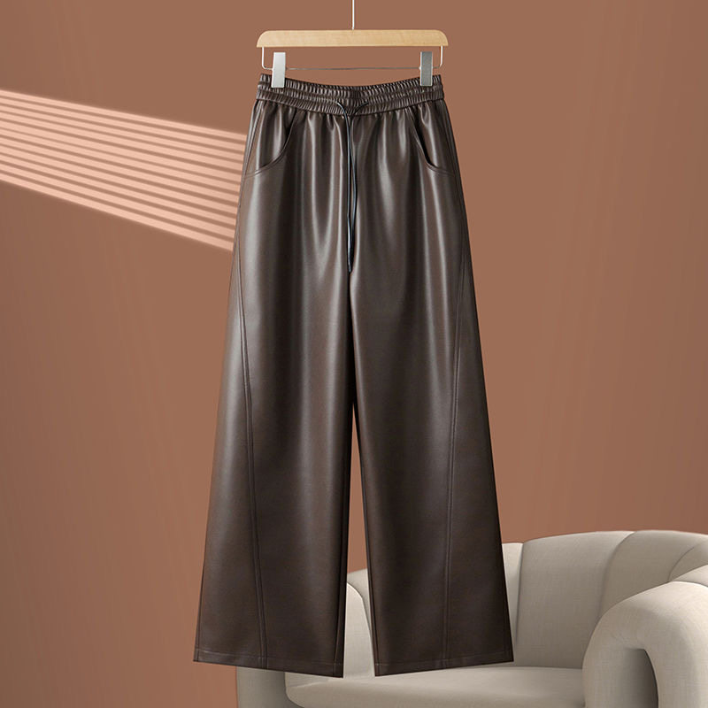 秋冬新款高腰垂感阔腿皮裤女