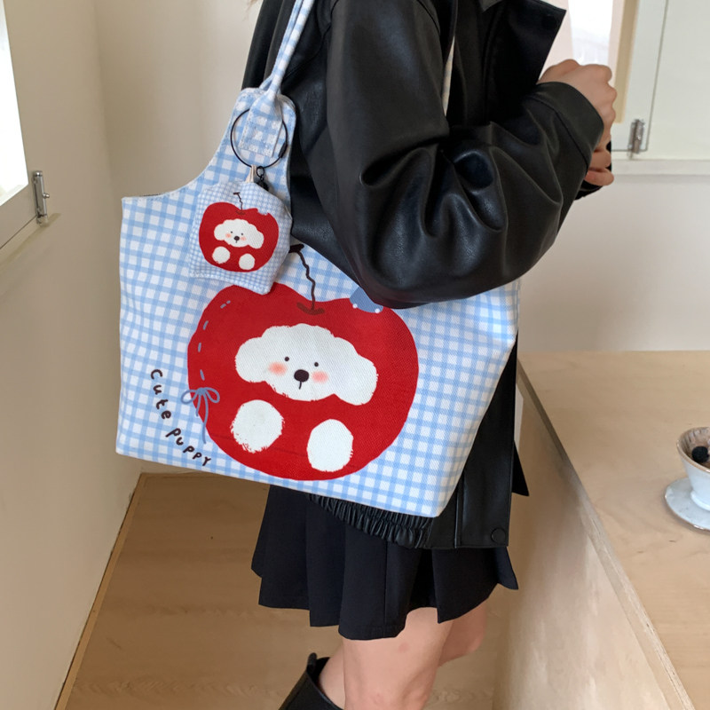 爆款红苹果可爱小狗单肩包蓝色格子手拎包小清新优雅高颜值帆布包