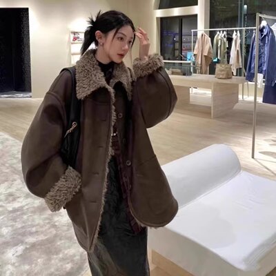 双面穿环保皮毛一体外套女中长款