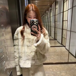 高级贵气环保水貂毛皮草外套女冬季 皮毛一体保暖时髦毛毛上衣 短款