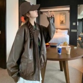 港风复古棕色皮衣外套女2026春秋新款 皮夹克美拉德机车 小个子美式