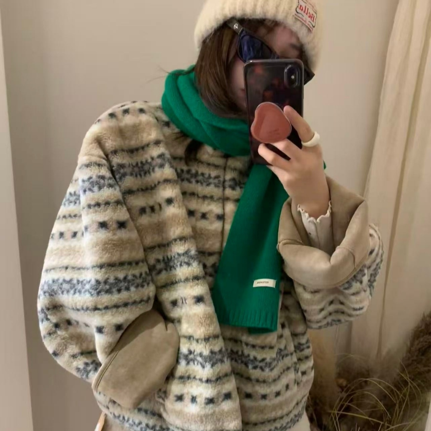 慵懒风印花羊羔毛外套女冬季新款