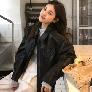 高级复古翻领机车夹克 今年流行爆款 黑色皮衣外套女2026新款 春秋季