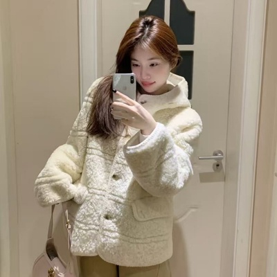 羊羔毛织带连帽外套女冬季新款